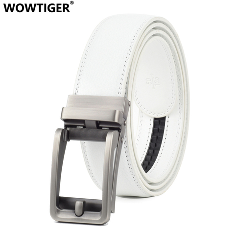 WOWTIGER blanc peau de vache véritable ceinture en cuir pour hommes de haute qualité mâle marque cliquet automatique luxe ceintures Cinturones Hombre ► Photo 1/6