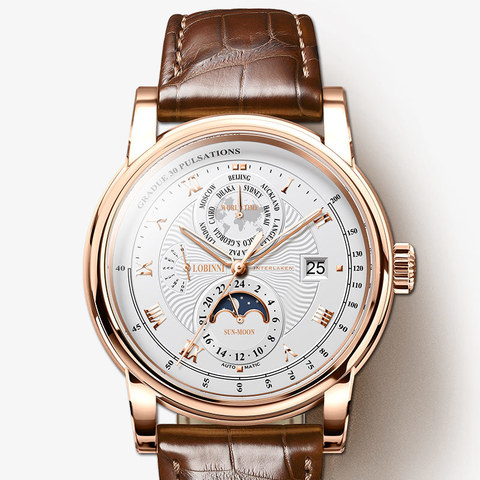 LOBINNI – montre mécanique de luxe en cuir saphir pour homme, marque de luxe, Phase de lune automatique, horloge mondiale, L16003-5 ► Photo 1/6
