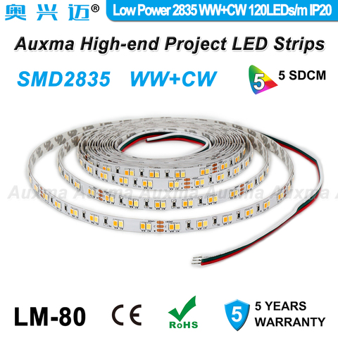 Bande lumineuse LED WWCW 2835, 120 diodes/m, basse puissance, température de couleur réglable, CCT,DC12/24V,9.6 W/m,600 diodes/bobine, 5 mètres/bobine, pour intérieur ► Photo 1/6