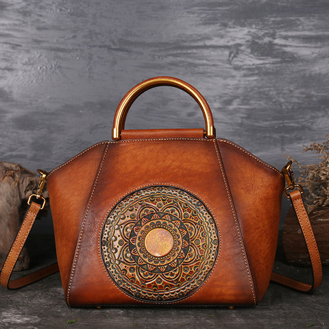 Sac Messenger en cuir véritable gaufré pour femmes, sac à main à poignée supérieure rétro, fourre-tout à épaule avec motif Totem de bonne qualité en peau naturelle ► Photo 1/6