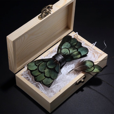 JEMYGINS Original vert oiseaux plume nœud papillon naturel fait à la main noeud papillon broche bois cadeau coffret pour hommes d'affaires fête mariage ► Photo 1/6