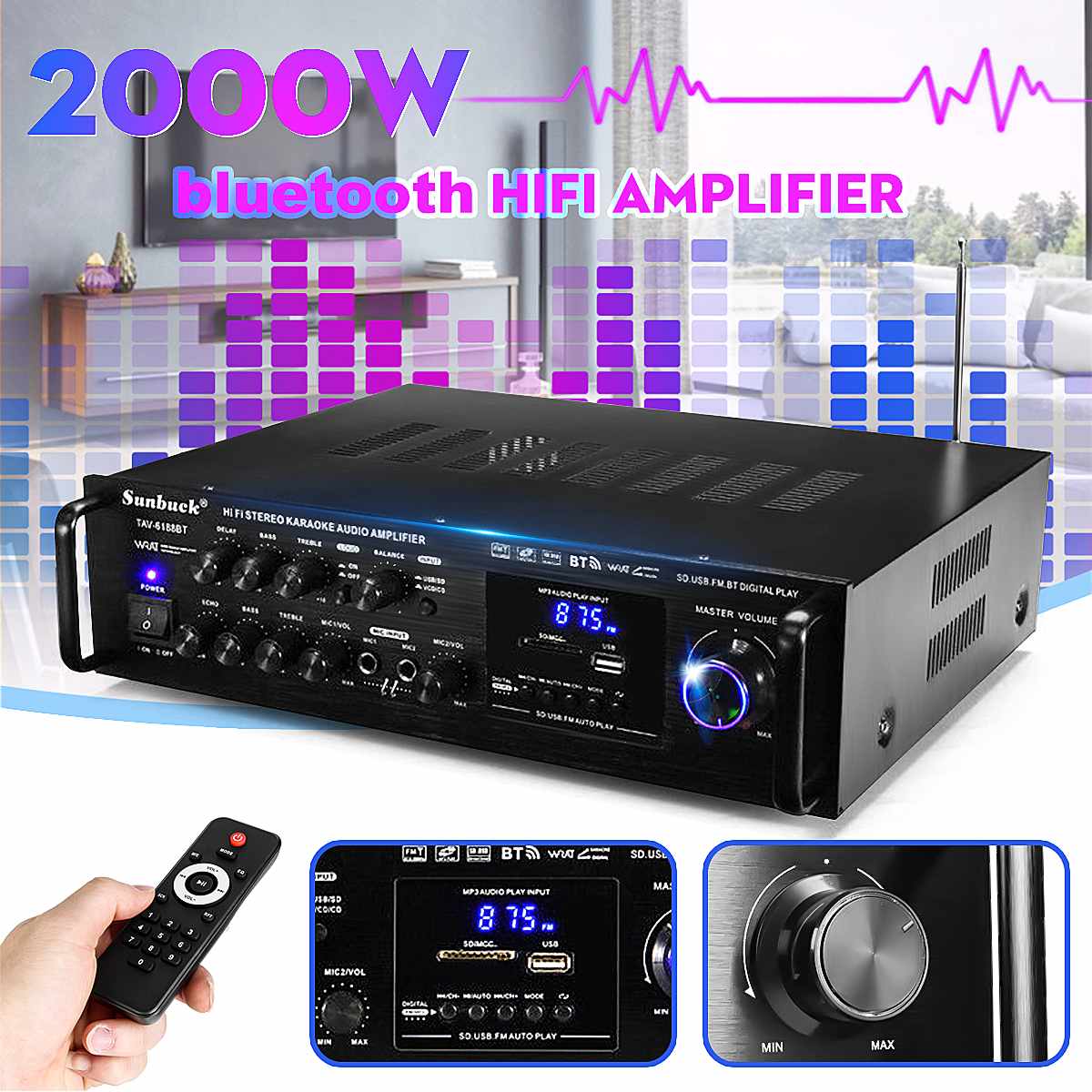 Puissant 2000W 110V 220V bluetooth 4ohm stéréo Audio puissance HiFi amplificateur karaoké amplificateur + RC soutien 2 MIC FM amplificateur de puissance ► Photo 1/6