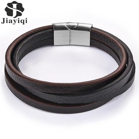 Jiayiqi Punk multicouche cuir hommes Bracelet noir argent couleur acier inoxydable fermoirs magnétiques classique Bracelet mâle bijoux ► Photo 1/6