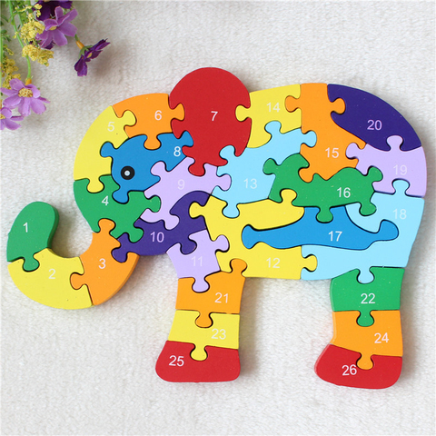 Puzzle en bois 3D jouets éducatifs animaux éléphant vache dinosaure Puzzle bois jouets enfants chiffres lettres alphabétiques jouets d'apprentissage ► Photo 1/6