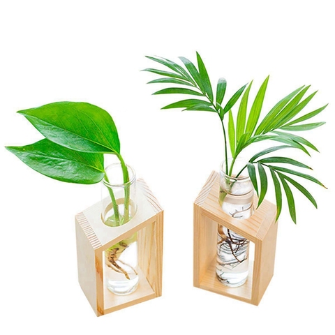 Offre spéciale cristal verre Tube à essai Vase en bois support Pots de fleurs pour plantes hydroponiques maison décoration de jardin ► Photo 1/6