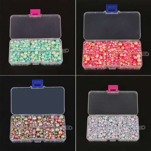 Kit de perles ABS d'imitation de perles colorées, boîte de rangement, artisanat pour accessoires de fabrication de bijoux 4/6/8/10mm environ 750 pièces/boîte tailles mélangées ► Photo 1/6