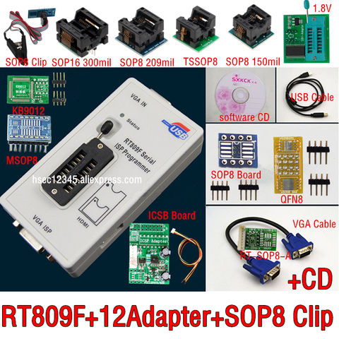 Programmeur d'origine RT809F + 12 adaptateurs + clip sop8 IC + CD + 1.8 V/SOP8 adaptateur VGA LCD fai programmeur adaptateur universel ► Photo 1/6