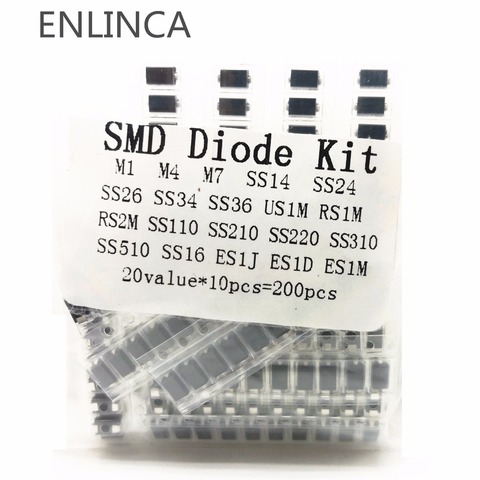 200 pcs/lot diodes SMD Trousse 20 valeurs * 10 pièces contient SS110 SS220 SS210 SS310 SS510 SS16 SS26 SS34 SS36 ES1J ES1D ES1M US1M ► Photo 1/1