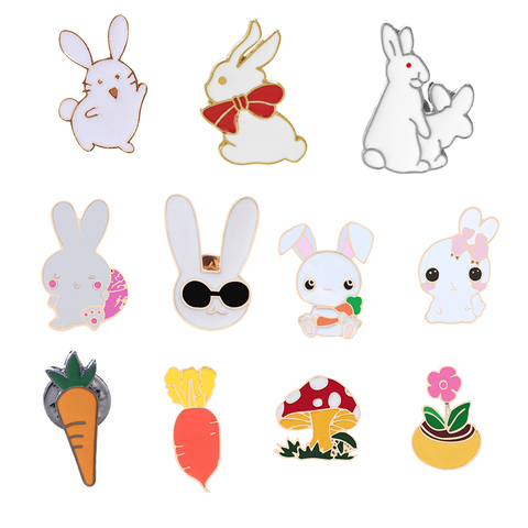 Broches à motif motif lapin et carotte Kawaii, épingles métalliques en émail, champignon fleurs, lapin, hijab, insigne pour enfant, dessin animé ► Photo 1/6