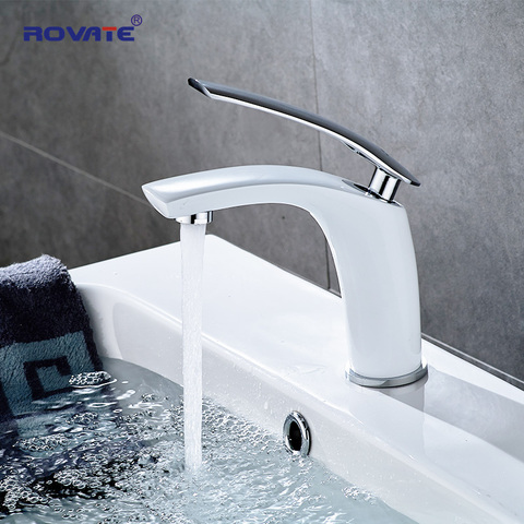 Robinet de lavabo ROVATE blanc monotrou monté évier robinets mélangeur froid et chaud pour robinet de bassin de salle de bain ► Photo 1/6