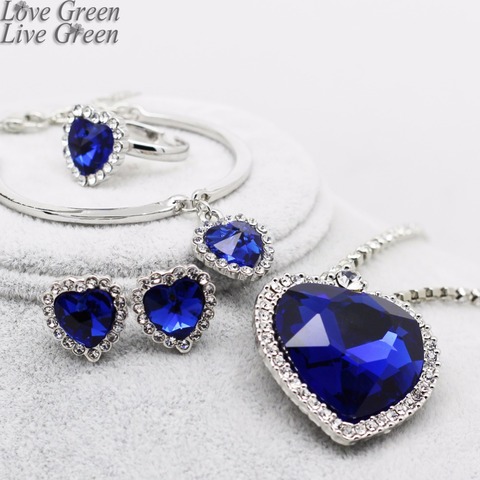 Ensemble de bijoux pour femmes, collier, boucles d'oreilles, Bracelet, bague, coeur d'océan bleu, amour éternel, strass en cristal ► Photo 1/6