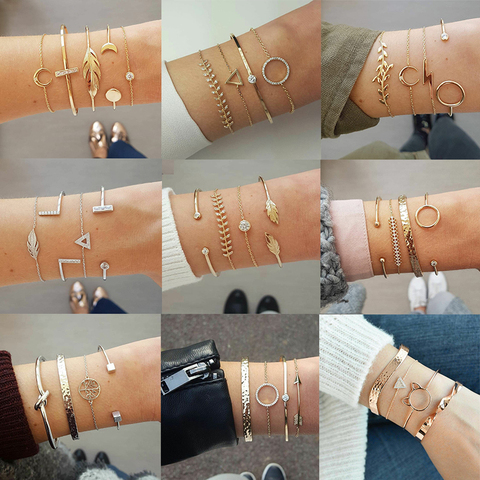 IPARAM-Set de bracelets en alliage de cristal géométrique doré pour femmes, Vintage, motif plumes, feuilles, lune, bohème, vente en gros ► Photo 1/6