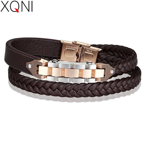 XQNI – chaîne de vélo en cuir véritable pour hommes, avec combinaison de fermoirs à bascule, Bracelet en acier inoxydable, chaîne en corde marron, cadeau ► Photo 1/6