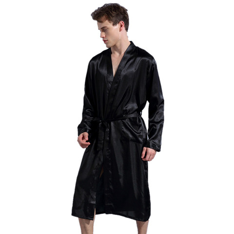 Noir à manches longues chinois hommes rayonne Robes robe nouveau homme Kimono peignoir vêtements de nuit pyjamas S M L XL XXL ► Photo 1/5