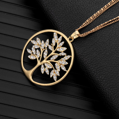 Arbre de vie pendentif femmes collier feuille de cristal européenne en grand rond or argent couleur mode bijoux accessoires 2022 ► Photo 1/6