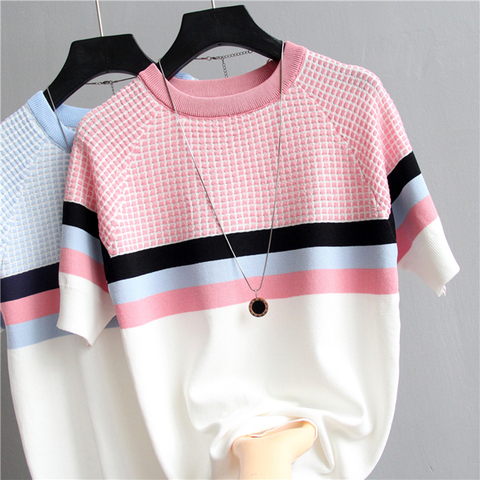 Shintimes-T-Shirt Femme à carreaux, T-Shirt rayé tricoté en coton 2022 T-Shirt coréen Femme vêtements T-Shirt Femme ► Photo 1/6