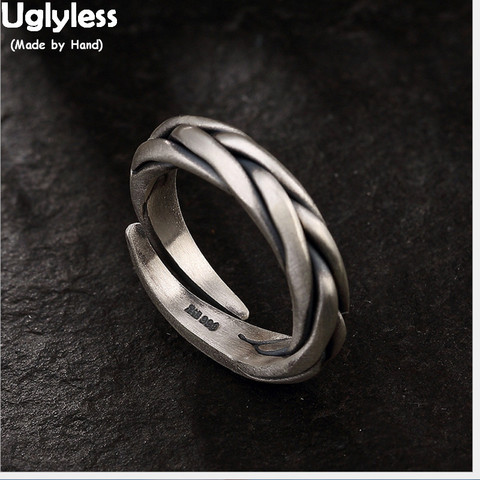 Uglyless – bague en argent fin S 999 pour homme, anneau tricoté à la main, Vintage, ethnique, ouvert, torsadé, Texture tissée, Bijoux pour hommes ► Photo 1/1