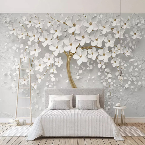 Papier peint mural 3D motif fleurs blanches, tapisserie décorative sur mesure, pour salon, TV, canapé, chambre à coucher ► Photo 1/6