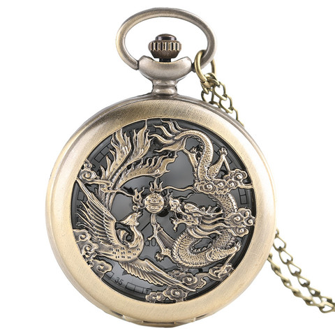 Montre de poche rétro demi-chasseur Dragon creux et phénix pour hommes et femmes, pendentif Design, chaîne de mode, Cool, horloge, cadeau pour enfants ► Photo 1/5