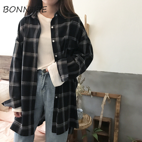 Chemises à carreaux pour femmes, décontracté, tout-assorti, ample, manches longues, étudiant quotidien BF Ulzzang, simple boutonnage, Style coréen, Harajuku ► Photo 1/6