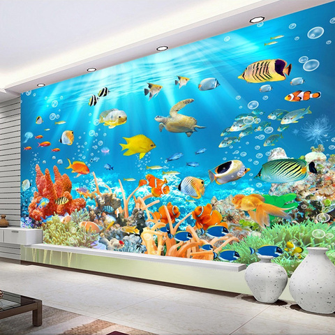 Papier peint Mural Non tissé gaufré avec photos sous l'eau, poissons, corail, décoration murale ► Photo 1/6
