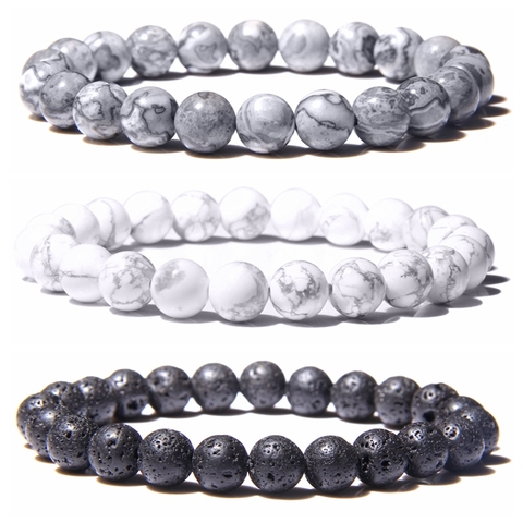 Bracelet en pierre de lave noire naturelle pour hommes, perles Turquoises blanches à la mode, bijoux pour femmes et hommes ► Photo 1/6