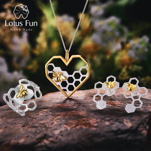 Lotus Fun réel 925 en argent Sterling fait à la main de beaux bijoux en nid d'abeille maison garde ensemble de bijoux avec anneau boucle d'oreille pendentif collier ► Photo 1/6