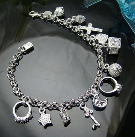 Bracelet Chic plaqué argent, bijoux tendance, 13 pendentifs, lune, cœur, serrure, croix, breloque, à la mode ► Photo 1/6