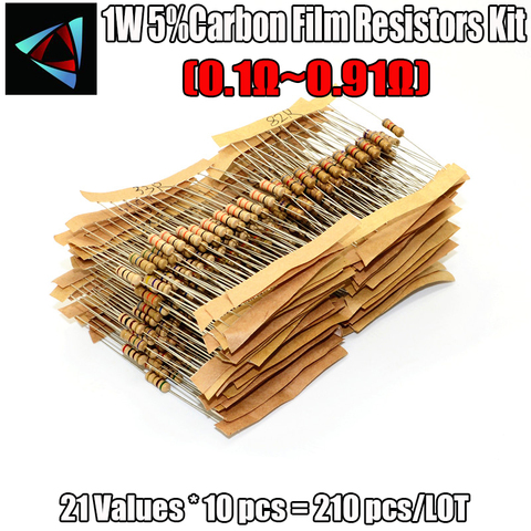 1W 5% 0.1R-0.91Ohm 21 valeurs * 10 pièces = 210 pièces résistance Film de carbone Kit assorti ► Photo 1/3