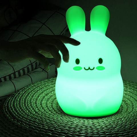 Rvb lumière LED lapin veilleuse tactile capteur alimenté par batterie dessin animé Silicone lapin chambre lampe pour enfants enfants bébé cadeau ► Photo 1/6