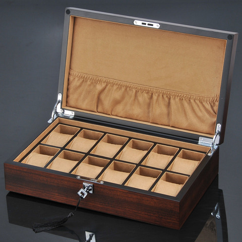 Nouveau 12 fentes en bois montre organisateur de luxe montres support boîtier en bois bijoux coffret cadeau en bois boîtes de rangement avec serrure ► Photo 1/6