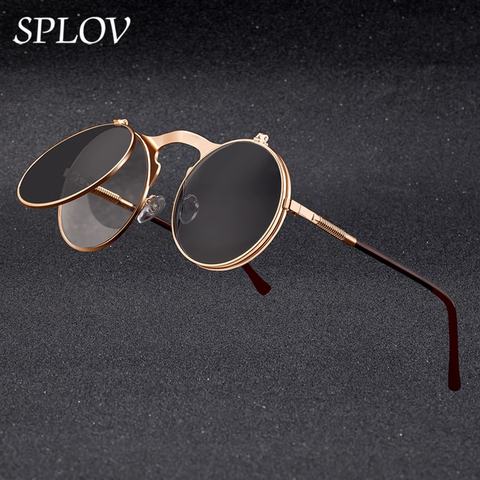 SPLOV – lunettes de soleil à rabat Steampunk Vintage pour hommes et femmes, rétro, monture ronde en métal, marque de styliste ► Photo 1/6