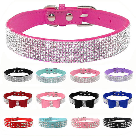 Colliers chats chiot réglable en cuir | Colliers avec strass scintillants, nœud papillon pour petits chiens moyens chats Chihuahua Pug Yorkshire ► Photo 1/6