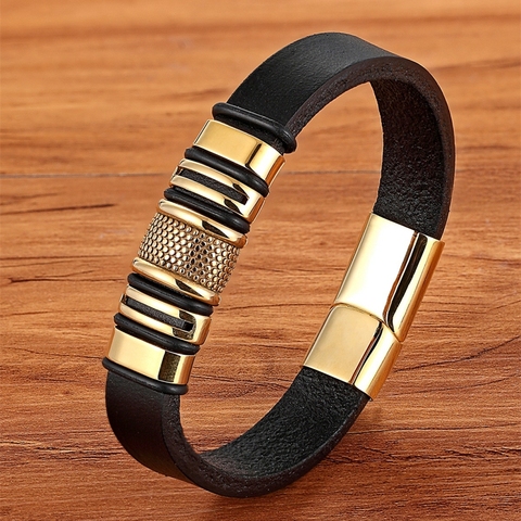 XQNI-Bracelet en cuir et acier inoxydable pour hommes, accessoires de luxe, boutons simples, symbolisant cadeau représentatif pour hommes ► Photo 1/6