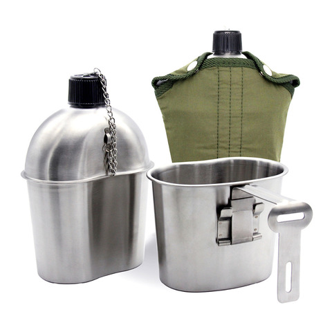 0.5L 1L acier inoxydable militaire cantine Portable tasse couverture verte Camping randonnée armée Camping pique-nique vaisselle voyage accessoire ► Photo 1/6