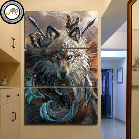 Loup guerrier avec sunama, 3 panneaux, peinture sur toile HD imprimée avec plumes de loup, cadre de attrapeur de rêves, CU-3030C ► Photo 1/6