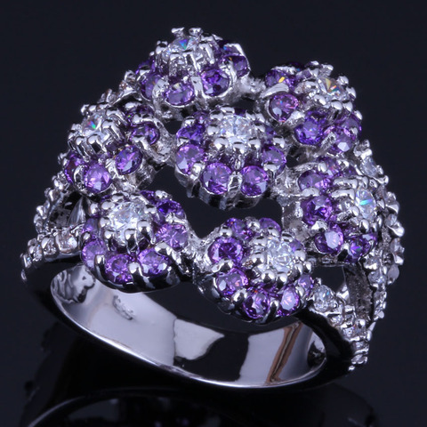 Bague en argent Sterling CZ 925 avec zircon cubique violet et énorme fleur pour femmes V0549 ► Photo 1/4