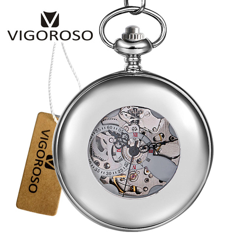 VIGOROSO – montre mécanique à remontage manuel en acier argenté, demi-chasseur, chiffres romains, squelette, chaîne, pendentif, horloge, montre de poche, nouveau ► Photo 1/6