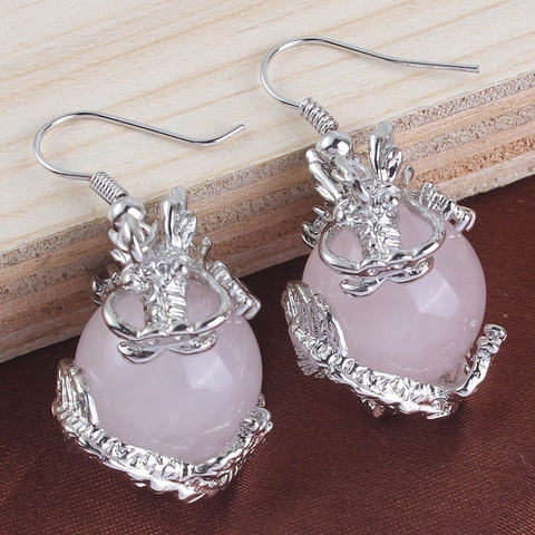 Boucles d'oreilles pendantes en forme de Dragon chinois pour femmes, bijoux en Quartz Rose plaqué argent, perles tendance ► Photo 1/1