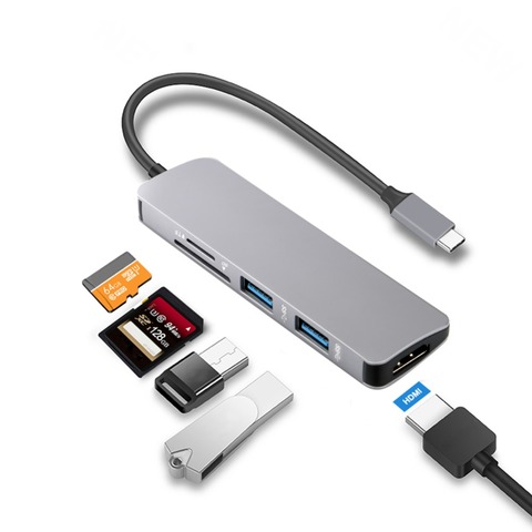 Adaptateur de lecteur de carte USB 5 en 1 USB C USB-C vers HDMI, Micro SD/TF, pour MacBook, Samsung Galaxy S9/S8 et Huawei P20 Pro, USB 3.0 ► Photo 1/6