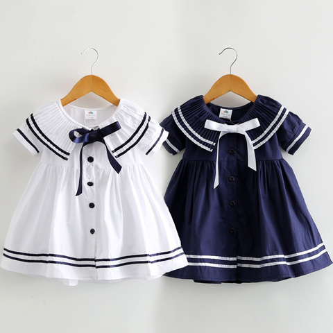 Robe d'été pour filles bleu marine pour enfants de 2 3 4 6 8 10T, mignonne, à manches courtes, col de marin, avec nœud, Patchwork, collection été, 2022 ► Photo 1/6