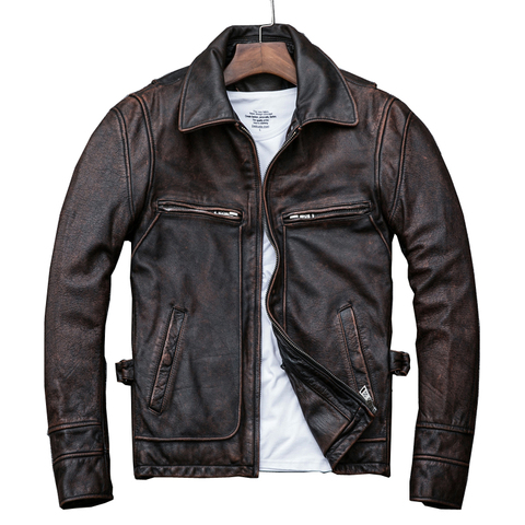 Veste asiatique en cuir véritable pour hommes, blouson décontracté vintage marron en peau de vache, toute nouvelle veste à moteur mince, grandes tailles, vente en gros, livraison gratuite ► Photo 1/5