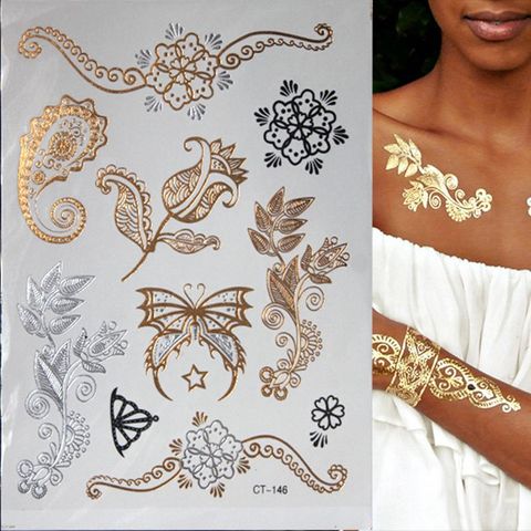 Tatouage temporaire métallique imperméable pour femmes, autocollant avec motif de fleur de henné, couleur or et argent ► Photo 1/6