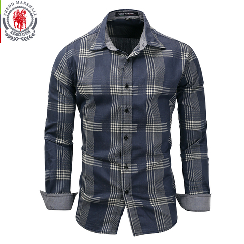 Fredd Marshall 2022 hommes à manches longues Patchwork Plaid Denim robe chemise 100% coton mâle affaires sociales chemises marque hommes vêtements ► Photo 1/6