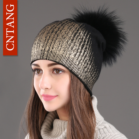 2022 nouveau hiver bonnets dames tricoté laine chaud chapeaux mode Pom Pom réel raton laveur fourrure casquettes Skullies chapeau pour les femmes imprimer fourrure casquette ► Photo 1/6