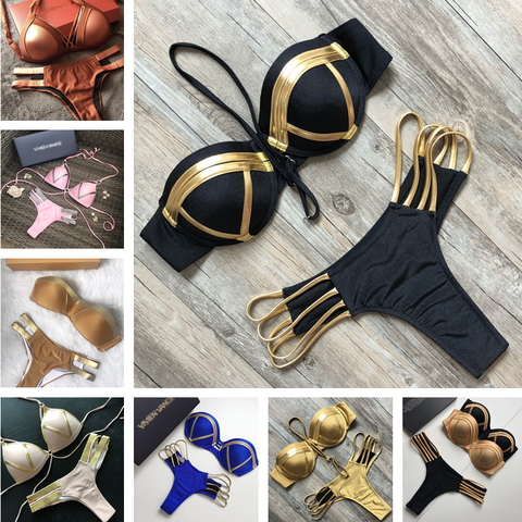 Micro maillot de bain brésilien brillant, Bandeau Sexy, soutien-gorge Push Up, ensemble deux pièces, pour femmes, vêtements de plage, 2022 ► Photo 1/6