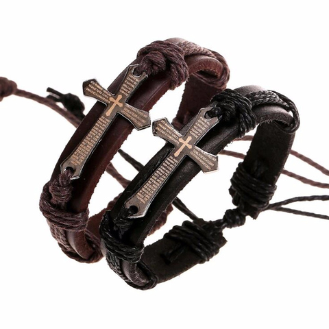 Bracelets en cuir Vintage pour hommes et femmes, bijoux, nouvelle mode, croix en métal, breloque jésus, cordon de cire réglable ► Photo 1/6