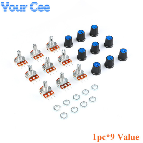 9 PCS (1 pc * 9 Valeur) linéaire Potentiomètre 15mm Arbre Avec Écrous Et Potentiomètre Bouton Cap pour 1 K 2 K 5 K 10 K 20 K 50 K 100 K 500 K 1 M ► Photo 1/1