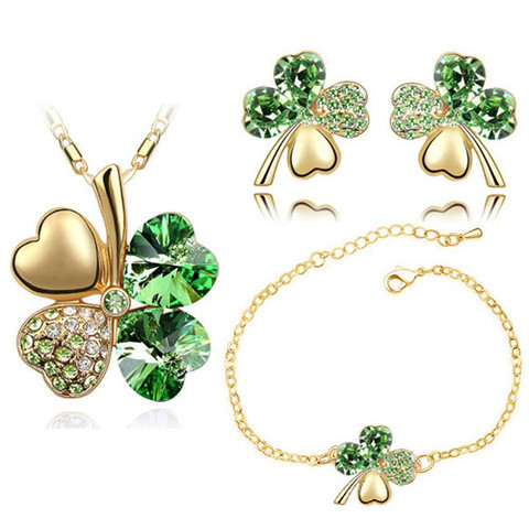 Cristal trèfle 4 feuilles feuilles coeur pendentif bijoux ensembles collier boucles d'oreilles bracelet femmes amant mignon cadeaux romantiques ► Photo 1/6