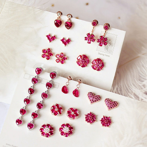 Boucles d'oreilles en zircone cubique rouge, coeur mignon, goutte d'eau, petite fleur, pierre de cristal, longues, pour femmes et jeunes filles ► Photo 1/1